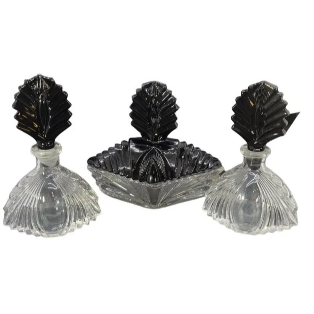 Stunning Vintage Vanity Set Martinsville 1920s Black/Clear Glass Vanity Art deco